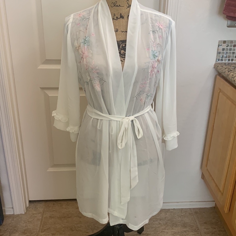 Sheer Embroidered Cream Short Robe Ruffled‎ Sleeve Size M - Picture 11 of 13
